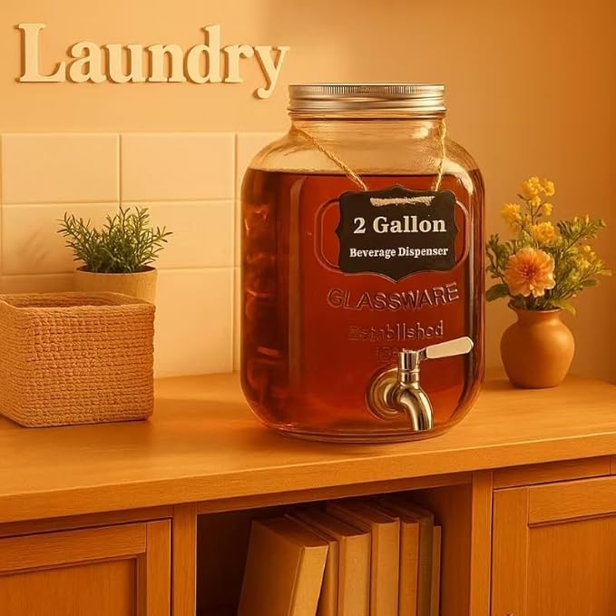 2 Gallon Christmas Drink Dispenser with 18/8 Stainless Steel Spigot – Glass Mason Jar for Sun Tea, Iced Lemonade, Holiday Parties, Outdoor Use & Laundry Detergent Holder