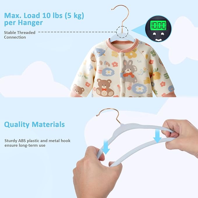 30-Pack 11 Inch Baby Closet Hangers with 10 Clips - Soft Velvet Non-Slip Hangers for Infant & Toddler Clothes - Blue