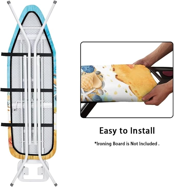 Beach Starfish Shells Non Stick Scorch Ironing Board Cover, Stain Resistant Easy to Install & Clean Fabric Iron Pad Covers with 3 Hooks and Loops for Living Room Decor