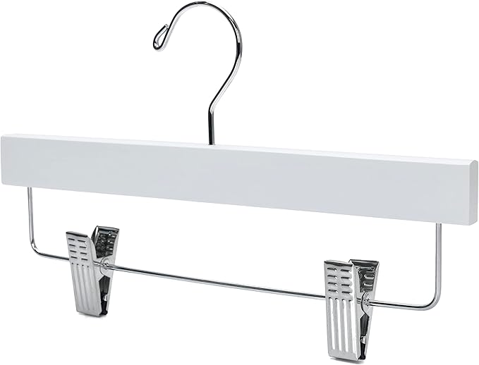 Quality 11 Inches Kids Wooden Pants Hangers 20 Pack - Skirt Hangers with Adjustable Metal Clips 360° Swivel Chrome Hook & Nonslip Notches- Ideal for Clothes Size 8 and Smaller (White, 20)