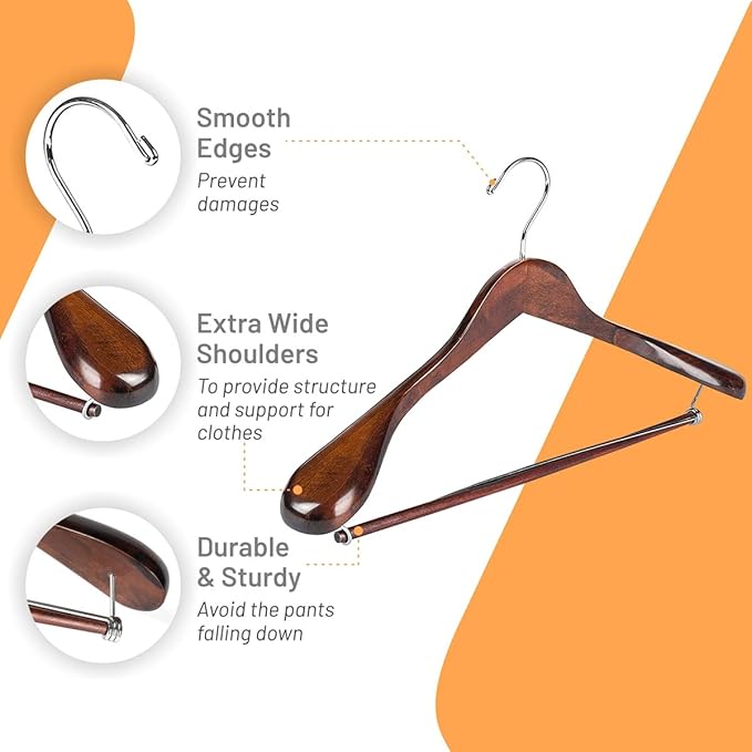Wide Shoulder Wooden Suit Hangers with Non-Slip Pants Bar & 360° Swivel Hook - Smooth Finish Coat Hangers for Men and Women - Heavy Duty Clothes Hanger – Pack of 6