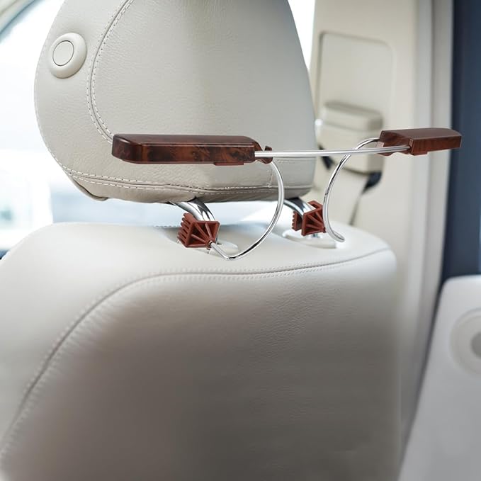 Multifunctional Vehicle Clothes Hanger Rack with Sturdy Wood and Stainless Steel Suit and Jacket Organizer for Car Headrest Space-Saving Garment Rack for Travel and Daily Use