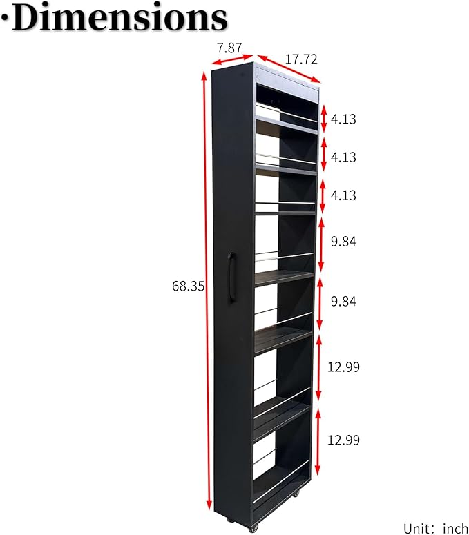 JOYSOURCE Slim Pull-Out Kitchen Cart with 7 Tiers, Narrow Rolling Storage Cabinet for Next to Fridge, Tall 7-Tier Organizer Rack with Black Handles & Wheels Black