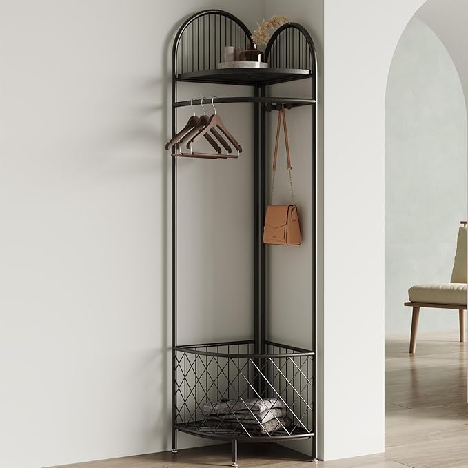 Corner Coat Rack with Storage and hooks,Hall Tree Metal Corner Clothes Rack for Home, Bedroom, Living Room, Entryway (black)