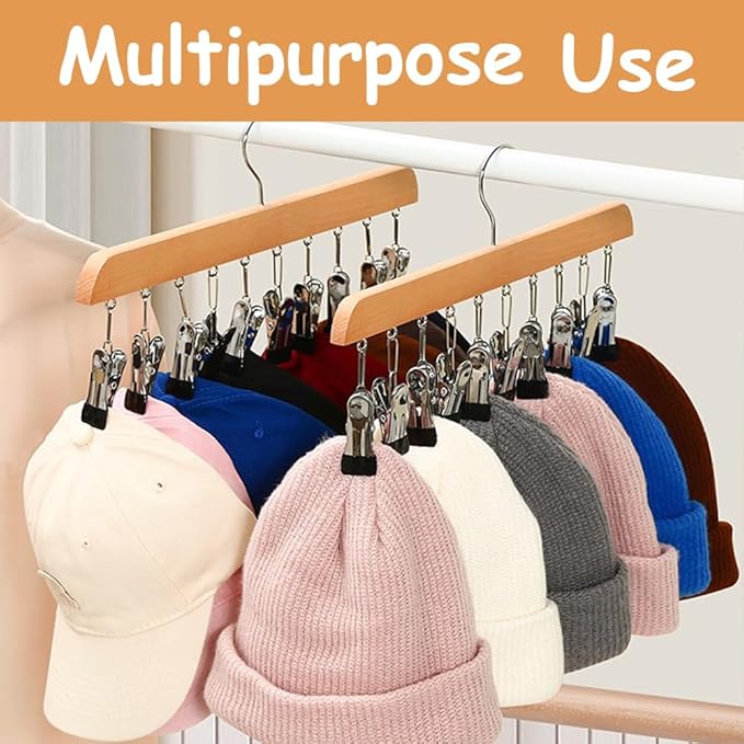 4 Pack Hat Hangers for Closet Display, Wooden Hat Storage Organizer with 40 Metal Clips for Baseball Caps, Winter Hat Rack for Beanie, Skullies, Visors, Walnut Brown Color