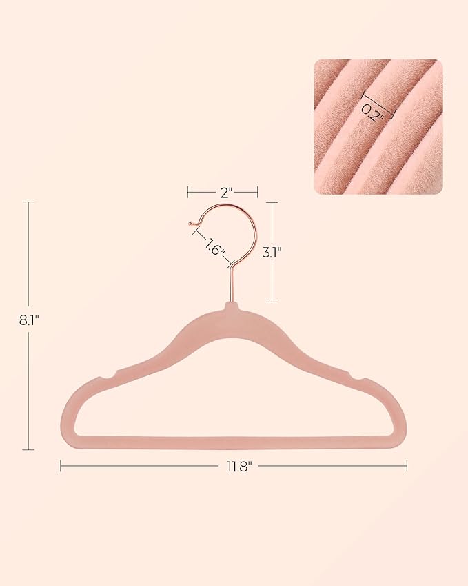 SONGMICS Baby Kids Hangers 50 Pack for Closet, 11.8 x 8.1 Inches, Rose Gold 360° Swivel Hooks, Space-Saving Clothes Velvet Hangers for Nursery, Non-Slip, Jelly Pink UCRF027P01