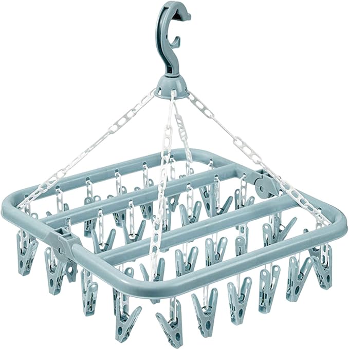 BILIKEYU Folding Hanging Hanger 32 Clips Multi Functional Windproof Socks Clip Clothes Hanger Household PStuff Organizer (C, One Size)