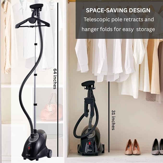 SALAV® GS18-DJ Standing Garment Steamer with Roll Wheels for Easy Movement, 1.8L Water Tank for 1 Hour Continuous Steaming, Adjustable Pole for Storage, Includes Descaler Packet, 1500 watts (Renewed)