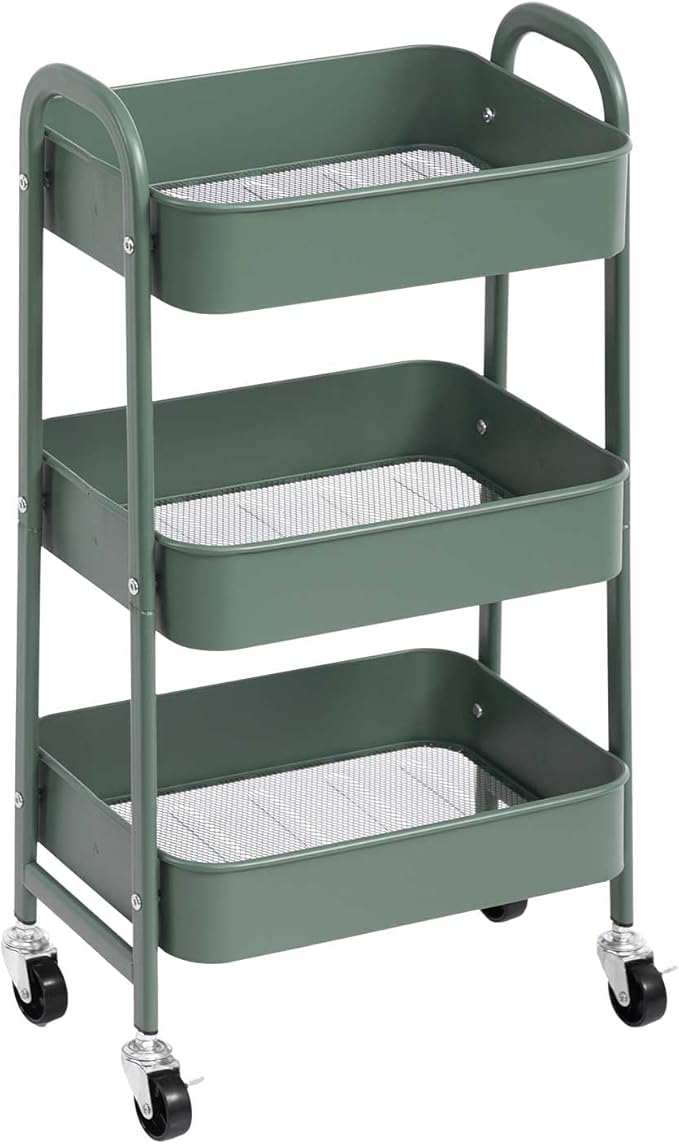 AGTEK 3 Tier Utility Rolling Cart with Lockable Wheels, Metal Multifunctional Storage, Organizer Cart for Kitchen, Office, Living Room, Makeup, Craft, Art Studio, Olive Green