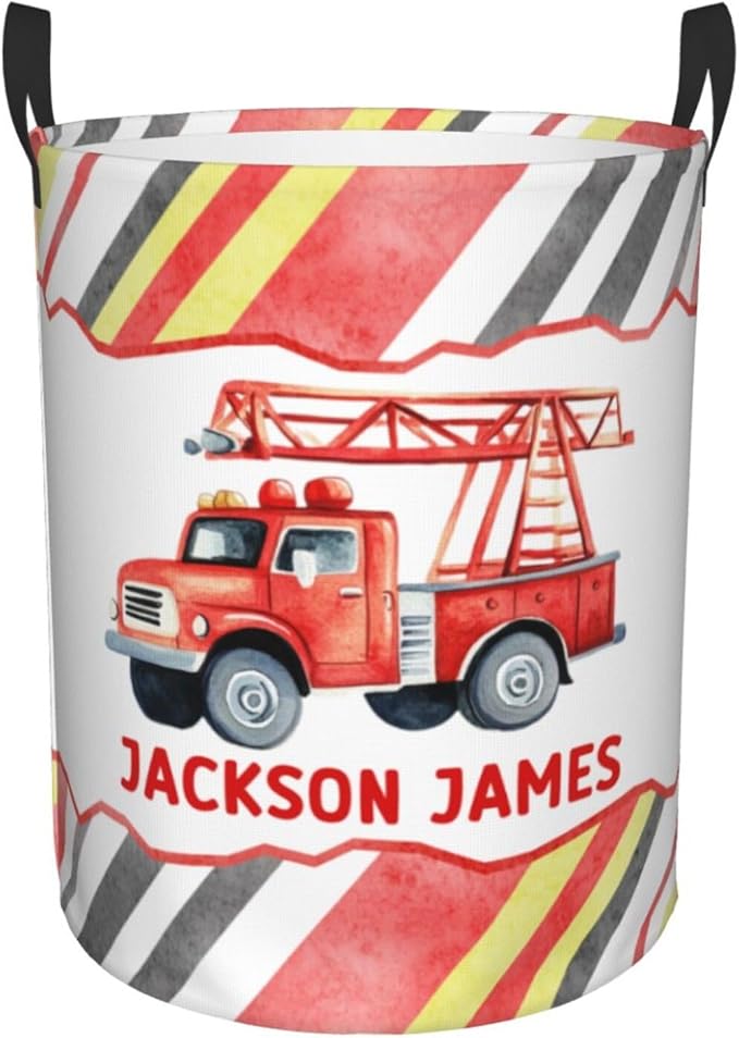 Personalized Fire Trucks Laundry Basket, Custom Laundry Hamper With Name Gifts For Kids Baby Adults, Collapsible Dirty Clothes Storage Organizer With Handles S 16.5 X 13.8in