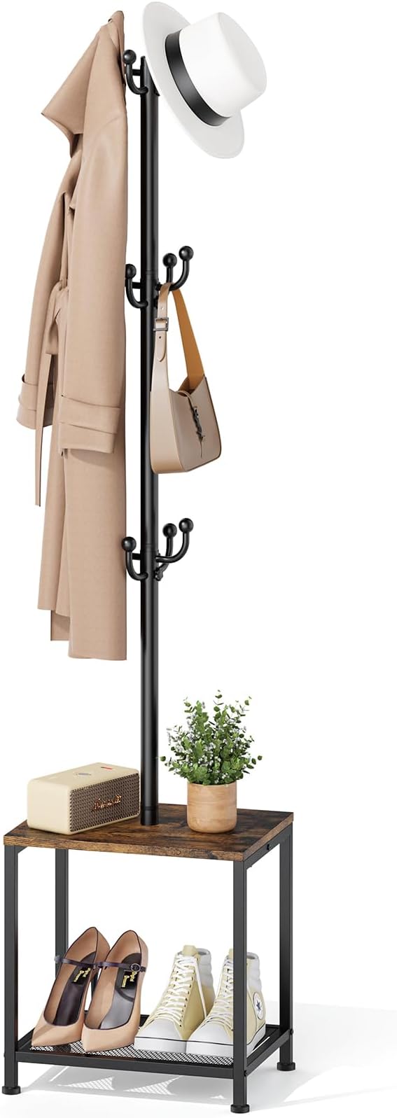 Coat Rack Freestanding, Hat Rack Hall Tree with Bench and Shoe Storage, 3-in-1 Coat Hanger Purse Rack Bag Rack Coat Tree Clothes Tree, Vintage Entryway Corner Coat Rack with Shoe Storage