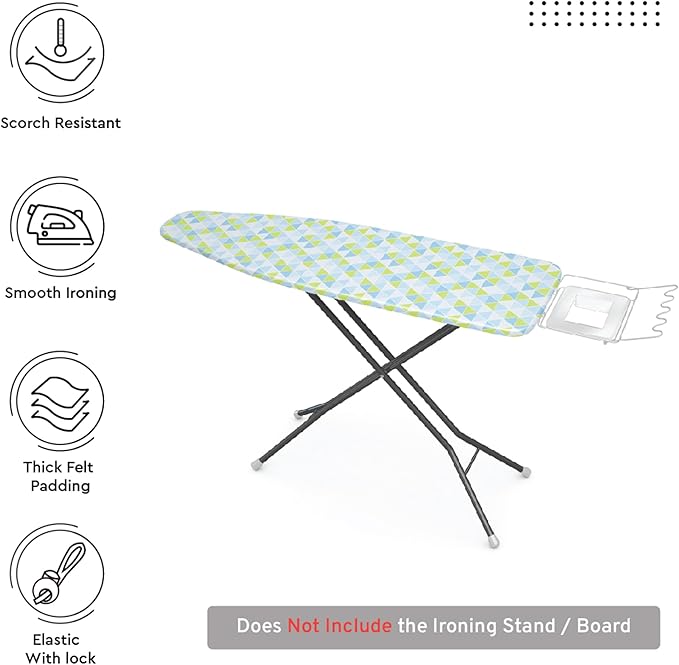 Encasa XO Ironing Board Cover and Pad - Thick 4mm Felt, Heat & Scorch-Resistant, Fits Wide Boards 49"x18", Elastic Bungee Cord Tightening, Easy Fit, Stain-Safe Dye, Triangles Aqua