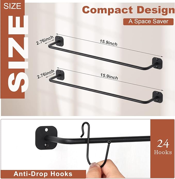 Hat Rack for Wall 24 Baseball Caps, 2 Pack Modern Metal Hat Organizer with 24 Hooks Hat Holder Wall-Mounted Storage Display for Closet Bedroom Entryway Laundry Black