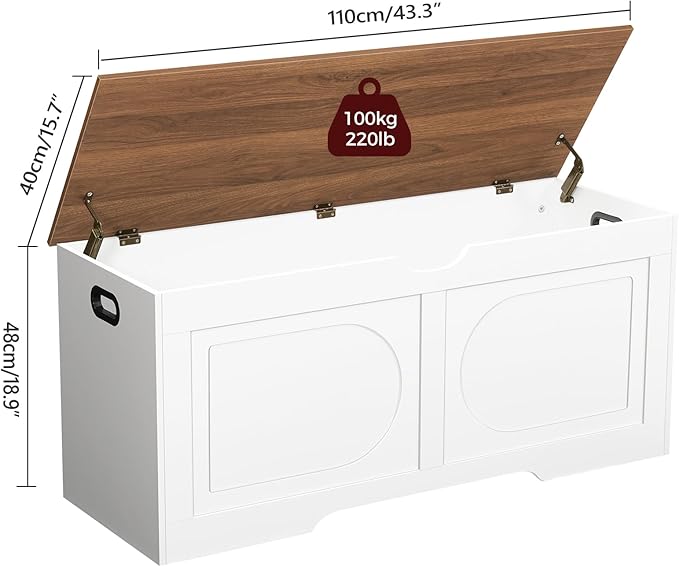 Storage Chest, 43.3” Toy Box, Entryway Storage Trunk, Shoe Bench with Storage, Engineered Wood Storage Cabinet with 2 Safety Hinges, Entrance Bench for Living Room, White + Walnut SCBZ2101