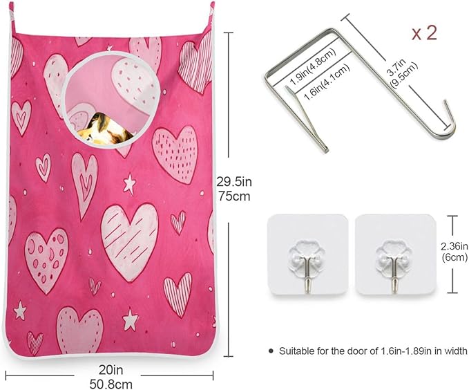 Hot Pink Hearts Stars Hanging Laundry Hamper Door Hampers Bag Basket with Stainless Steel Hooks Oxford Fabric Printing Decorative Clothes Bags 29.5X20inch 1Pack