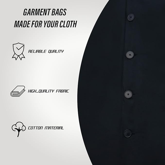 Cotton Garment Protector Bag Cover - Dust Free Cloth Hanging, Wardrobe storage for Dresses and Suits (Black with button - 24"x62")