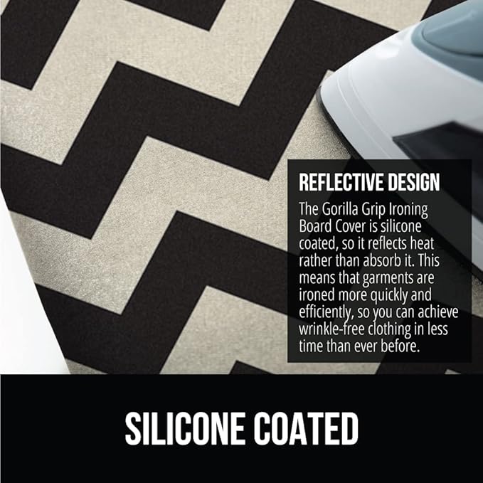 GORILLA GRIP The Original Ironing Board Cover and Pad, Silicone Coating, Thick Scorch Resistant Padding, Heavy Duty Iron Covers Standard Boards, Hook and Loop Fastener Strap, Chevron, 15x54