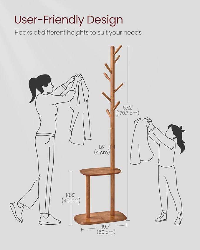 VASAGLE Coat Rack, Free Standing Coat Stand, Hall Coat Tree with 8 Hooks and Storage Shelf, 67.2 Inch Tall, for Coats, Hats, Bags, for Entryway, Hallway, Bedroom, Caramel Brown URCR040K01