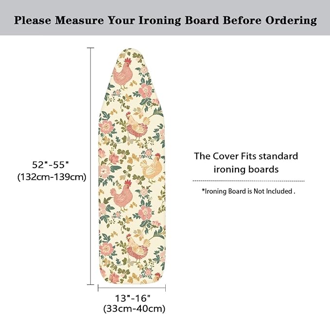 Rooster Chicken Flowers Standard Size Iron Pad Covers Tolerates High Temperature Anti-Dirty Ironing Board Replacement Cover with Hook and Loop Fastener Strap