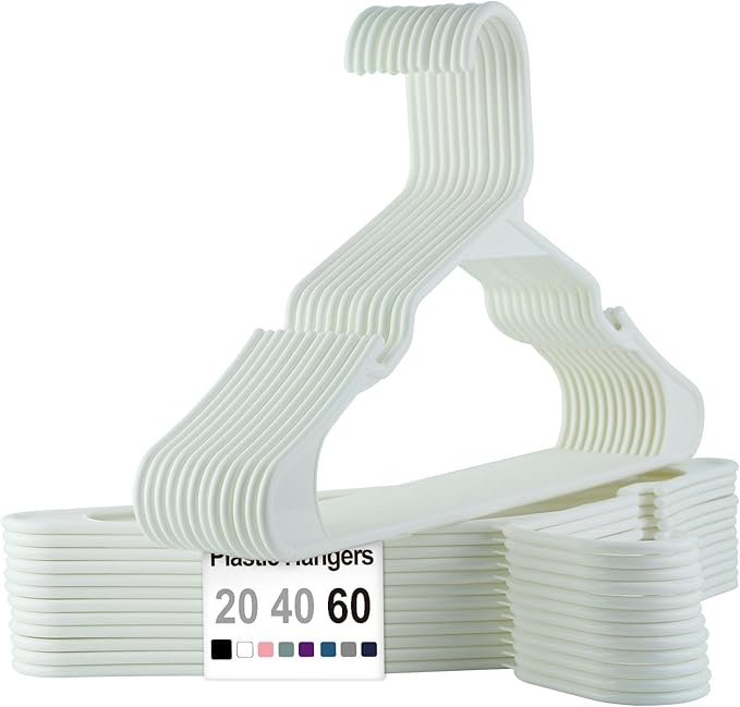 20 Pack Pastic Clothes Hangers Without Notches, Clothes Hanger Space Saving,Replete 2 Hooks Inside,Sturdy Design for All Garments (20, White B)
