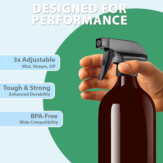 Bar5F 4-Pack Replacement Trigger Sprayer for Glass Bottles - Spray Nozzles, Mist and Stream Modes - Ideal for 16 oz Amber Glass Spray Bottles