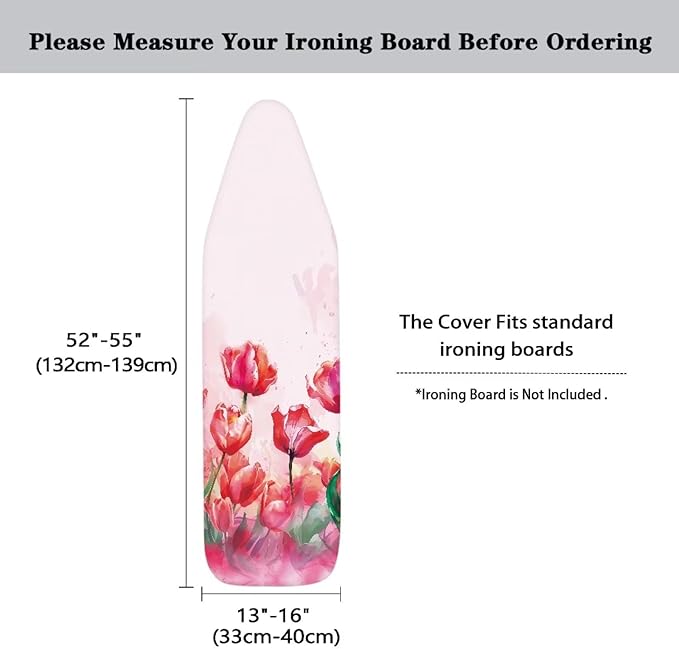 Flashideas Red Floral Ironing Board Cover with Elastic Edge Non Stick Scorch Stain Resistant Cover Heavy Duty Iron Pad Covers Standard Boards with Hook and Loop Fastener Strap