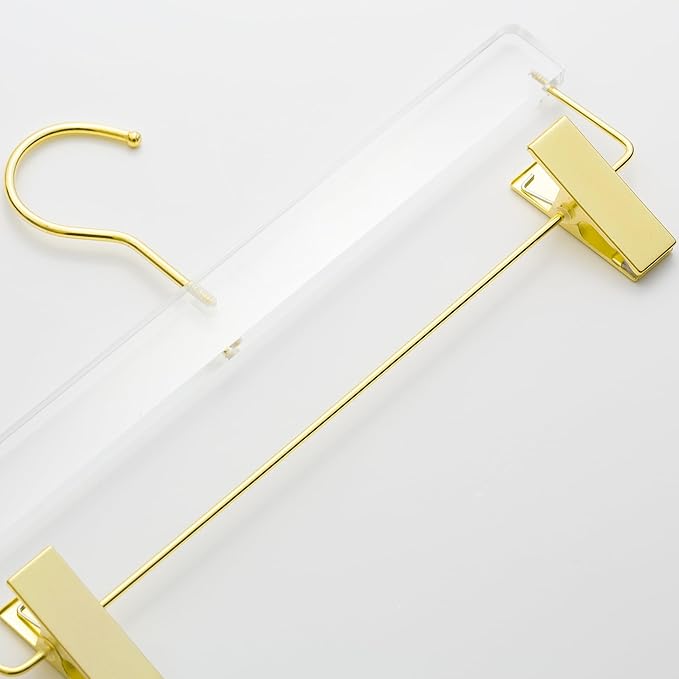 HomeCube USA Clear Acrylic Clothes Hanger with Gold Hooks & Clips – Heavy Duty Organizer for Skirts, Pants & More – Elegant Lucite Design for Closet, Home, Boutique & Retail Use