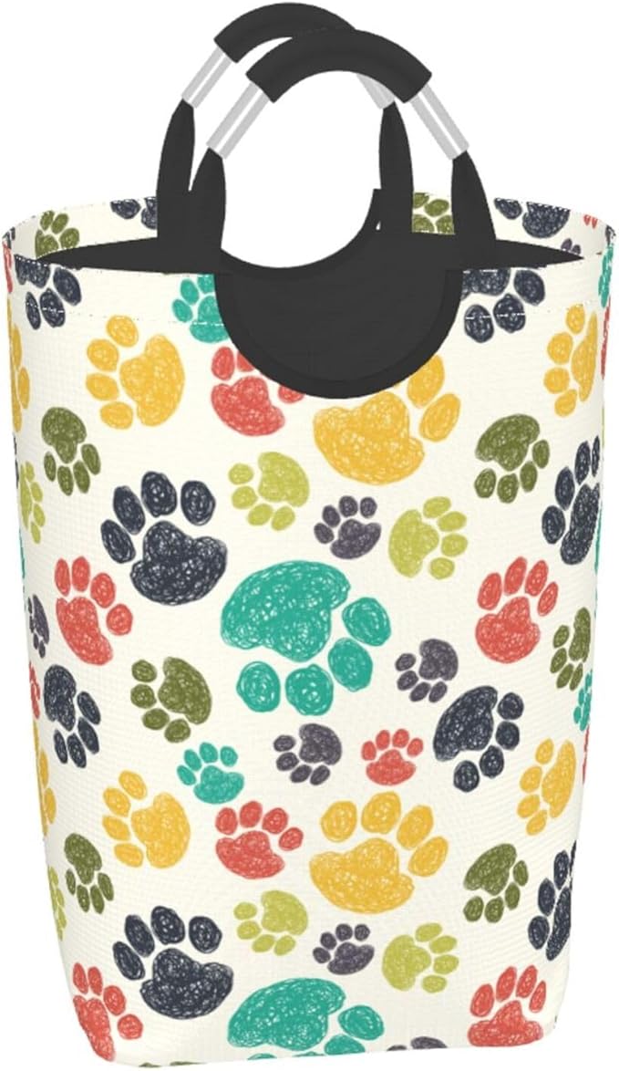 Colorful Dog Paw Laundry Basket Animal Laundry Hamper Collapsible Baskets with Handle Dirty Clothes Hamper Bag for Dorm Family Bathroom Decor Storage 50L