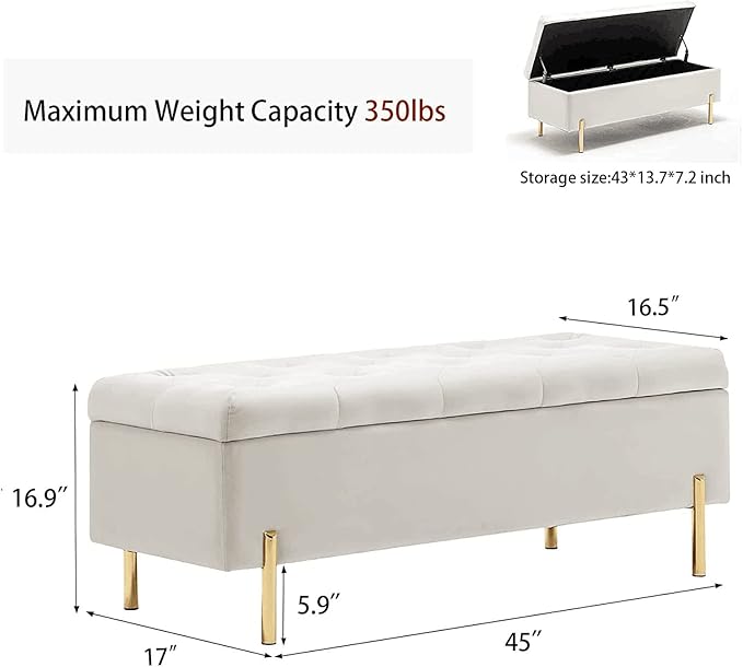 Andeworld Velvet Storage Bench, Modern Bedroom Bench, Upholstered Tufted Large Settee Ottoman with Storage Bench for Bedroom,Living Room,Entryway, Ivory