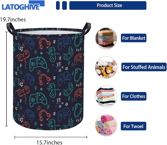 Baby Laundry Hamper kids laundry Basket Waterproof Storage Bin for Bedroom Toy Clothes Organizer Basket Woodland Animals Room Décor(Blue Game)