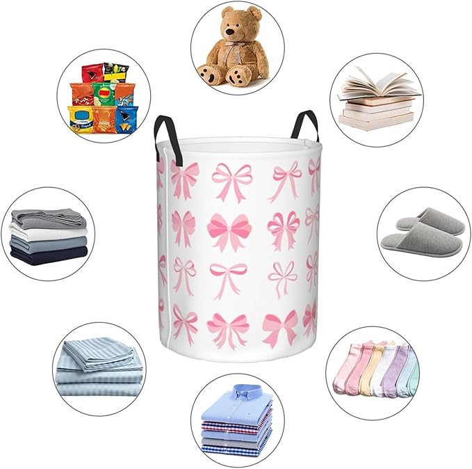 Laundry Basket Room Decor,Round Laundry Hamper Waterproof Dirty Clothes Hamper Collapsible Laundry Baskets With Handles,Toy/Clothes Storage Basket For Home Dorm Bathroom Decor (Pink Bow)