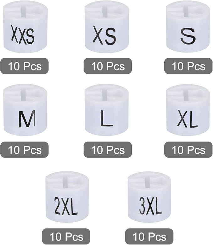 MECCANIXITY Clothes Hanger Marker XXS/XS/S/M/L/XL/2XL/3XL Size Tag White Fit 3.5mm Rod for Garment Clothing Color Coding, Pack of 80