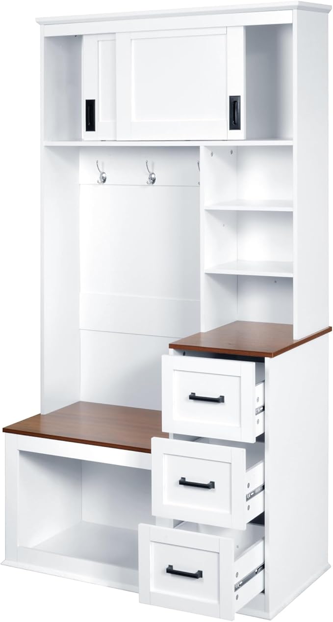 LUMISOL Wide Hall Tree with Storage Bench and 3 Hooks, Modern Hallway Coat Rack with 3 Shelves and Drawers, 40.2'' Entrance Organizer with Top Cabinets for Entryway, White