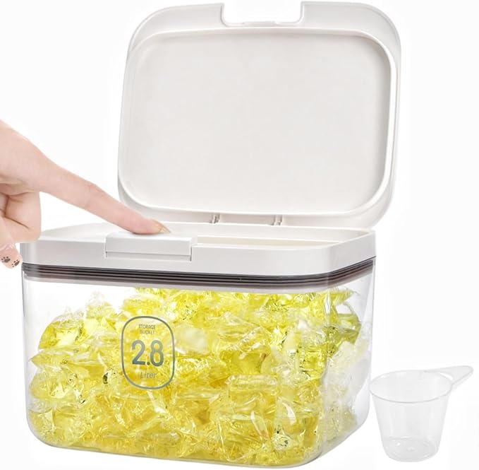 94 OZ/2.8L Laundry Pods Container, One-Press Lid Laundry Powder Holder Dispenser, Clear PET Detergent Sheet Organizer with Measuring Cup for Booster Beads, Dryer Balls, Flour, Pet Food