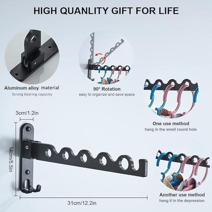 Small Wall Clothes Rail, Aluminium Foldable Drying Rack Hook 90° Rotation Coat Hanger for Laundry Bathroom Balcony (1ps Black Fixed Seat)
