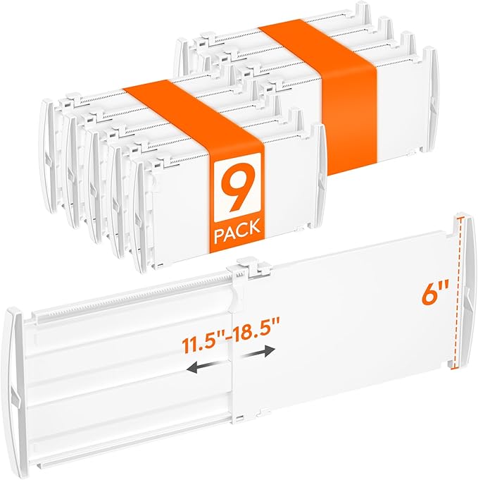 Lifewit 6" High 9 Pack Deep Drawer Dividers, 11.5-18.5" Expandable Clothes Divider for Drawers, Adjustable Dresser Drawer Organizers, White Drawer Separators for Dresser, Kitchen, Clothing