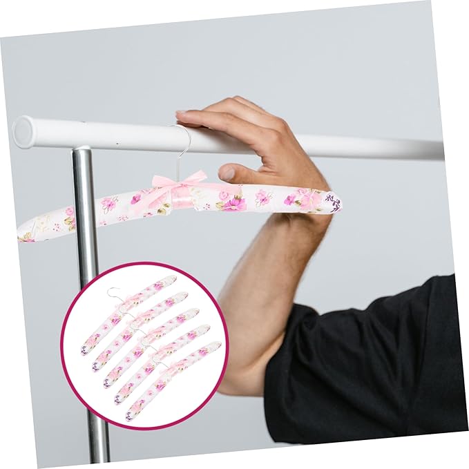 5-Pack Soft Padded Clothes Hangers with Anti-Slip Floral Fabric Cover and Sponge Core for Gentle Support of Sweaters Dresses and Suits Closet Organization