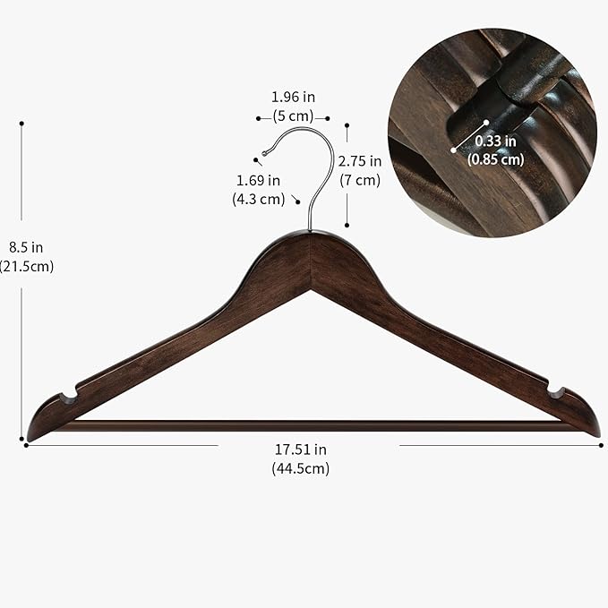 20 Pack Wooden Coat Hangers, 360° Swivel Hook, Suit Hangers with Anti-Slip Notches, for Jackets, Shirts, Dress, Dark Walnut, UAWY0520H