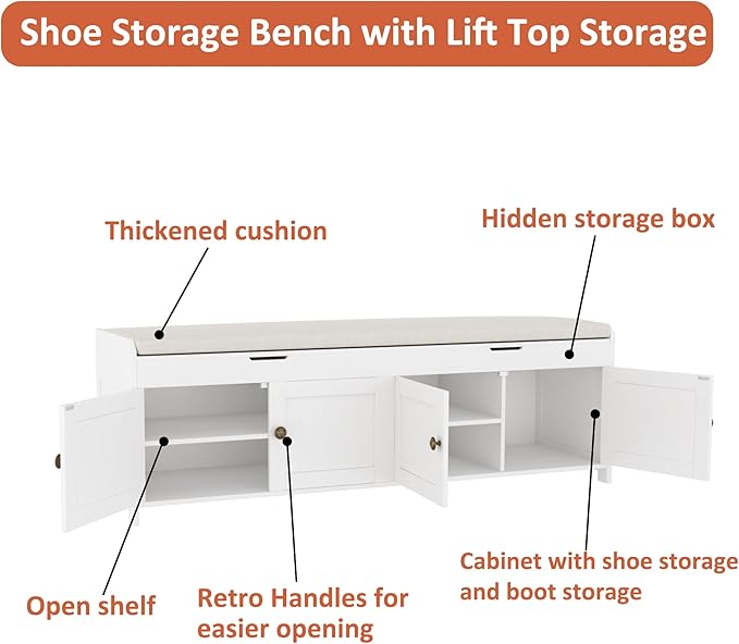 HOMEFORT 54.4" Shoe Bench with Lift Top Storage, Entryway Bench with Cushioned Seat, Wooden End of Bed Bench, Shoe Cabinet Bench with Hidden Storage Space, for Bedroom, Hallway,White
