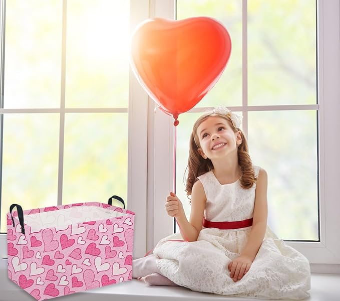 Sanjiaofeng Rectangular Valentine's Day Basket Love Storage Bins,Girls Storage Basket with Handles.Clothers,Books,Kid's Gifts Bins. (Mottled heart)