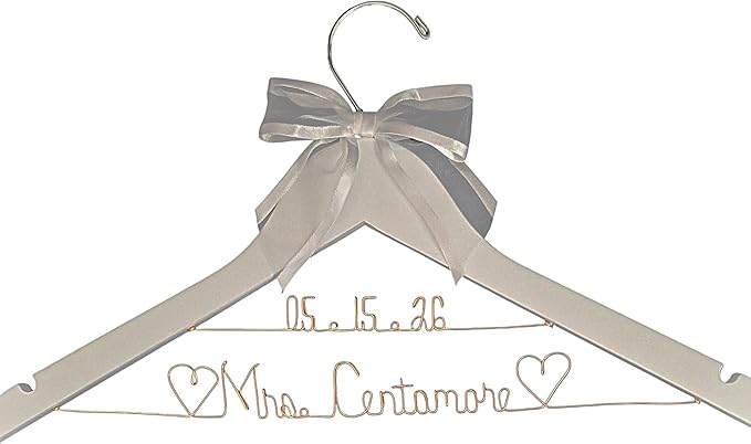 Bride Wedding Hanger for Dress - Custom Name or Add The Date White or Dark Wood Hanger with Notches - Silver or Gold Wire Writing - Choice of 10 Bow Colors - Wedding Bridal Shower Judge Doctor Gift
