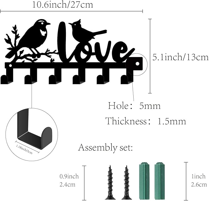 CREATCABIN Metal Bird Coat Hooks Wall Mount Key Holder Organizer Black Decorative Hanger Rack with Love Design Coat Keychain Hanging Wall Decoration for Entryway Door Housewarming Gifts 10.6x5 Inch