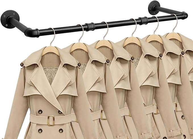 Industrial Iron Pipe Clothes Hanging Bar DIY Wall-Mounted Garment Rack Heavy Duty Clothing Rack for Bedroom, Laundry Room, Closet Storage (Black 36 inch)