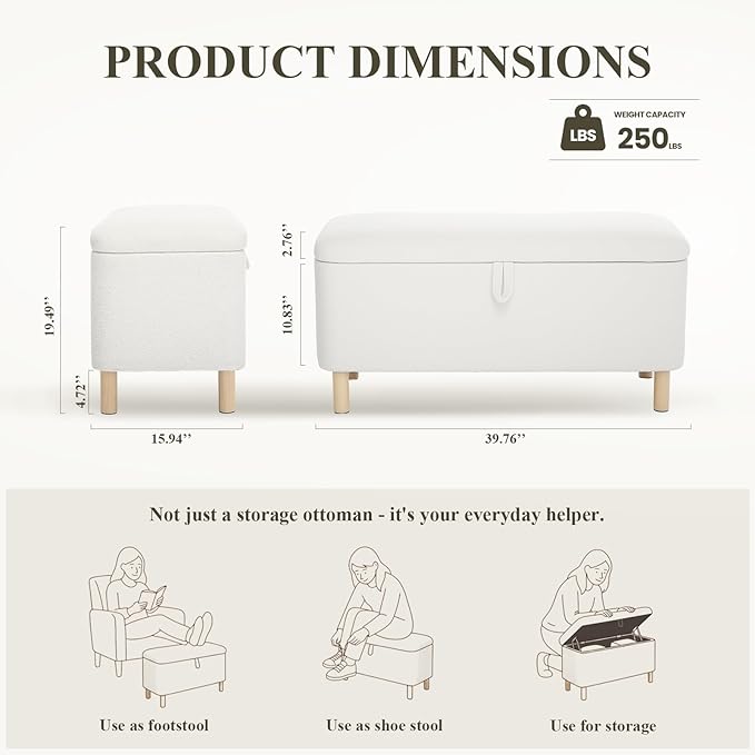 Ottoman with Storage, Storage Ottoman Bench, Entryway Bench with Wood Legs for Living Room, Sitting Area, 2PCS, Cream