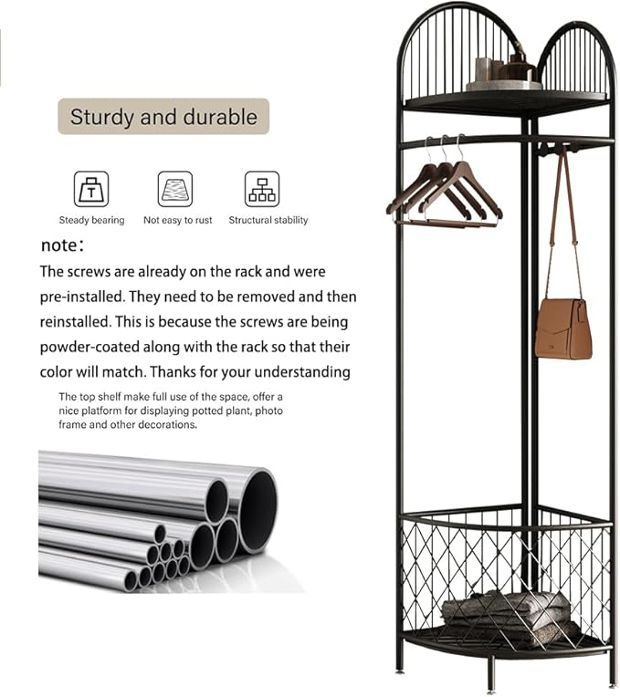 Corner Coat Rack with Storage and hooks,Hall Tree Metal Corner Clothes Rack for Home, Bedroom, Living Room, Entryway (black)