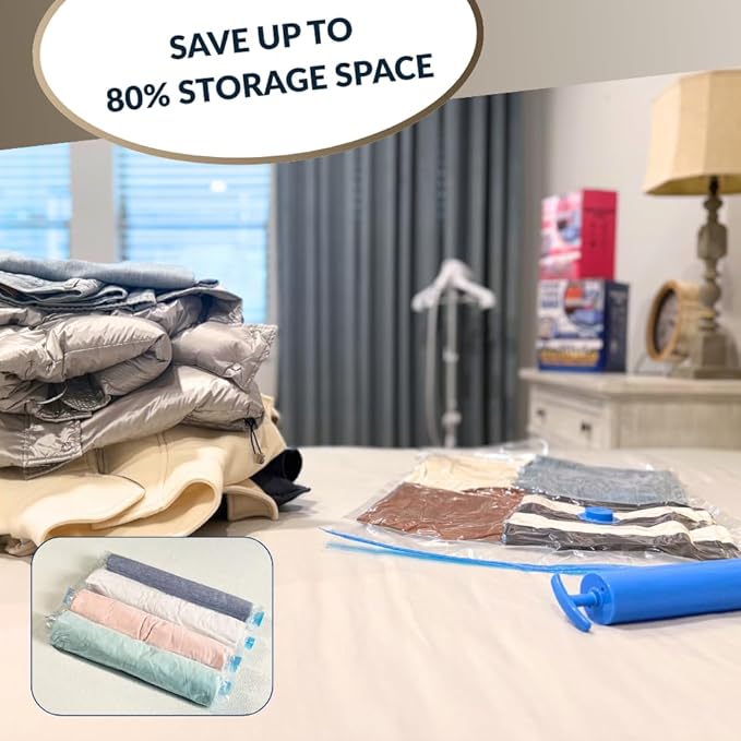 12 Pack Vacuum Storage Bags with Hand Pump, Compression Space Saver for Comforter, Bedding, Blanket Storage, Vacuum Seal Bags for Clothing, Luggage Suitcase and Closet Organizer