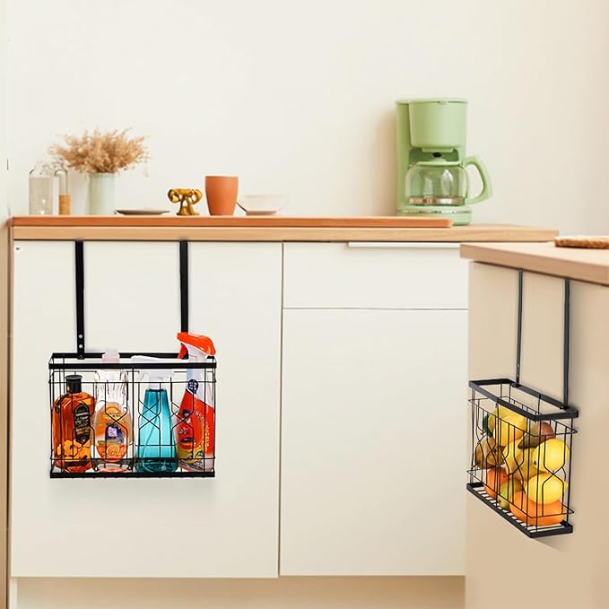 Bekith 2 Pack Cabinet Door Organizer with Double Towel Bar, Over The Cabinet Door Organizer and Storage for Cutting Board, Baking Sheet, Plastic Wrap, Black