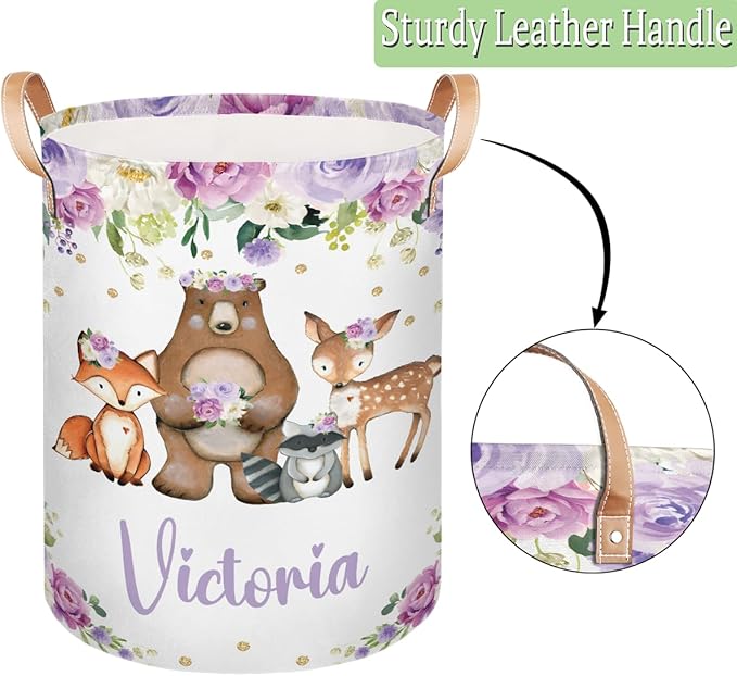 Personalized Laundry Basket, Custom Gift Laundry Hamper, Collapsible Nursery Waterproof Laundry Baskets, Dirty Clothes Toy Hamper with Handles Purple Floral Animals Cute