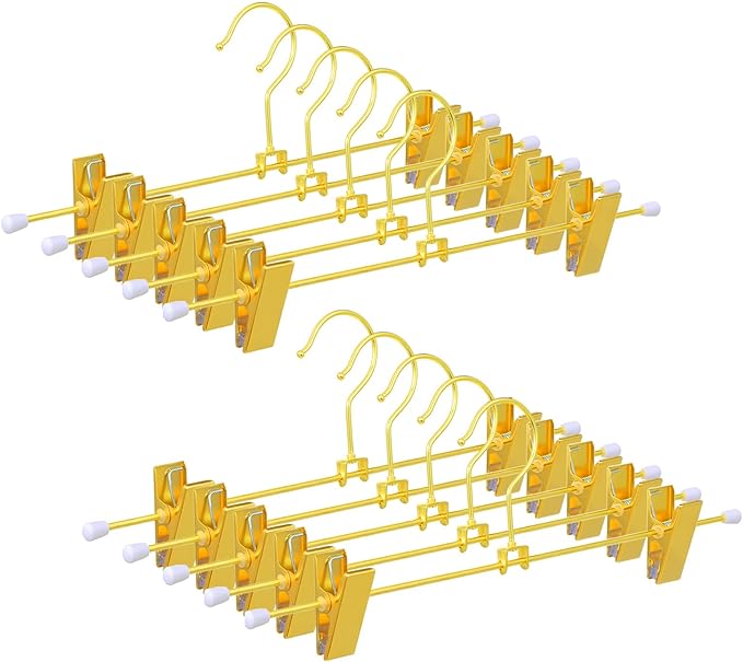 10 Pack Shiny Gold Metal Hangers 12 Inch Gold Pants Skirts Hanger with 2 Adjustable Non Slip Clips and Swivel Hook Sturdy Skirt Hangers with Clips for Skirts Slacks Jean Trousers
