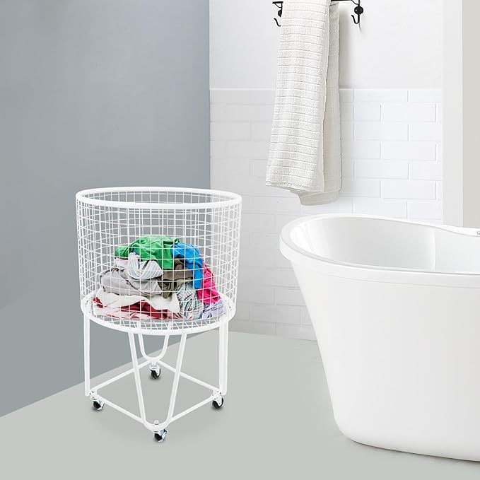 Wire Metal Rolling Laundry Basket On Wheels,Mesh Wire Laundry Basket Storage Cart for Bathroom Bedroom Dirty Clothes Storage (E)